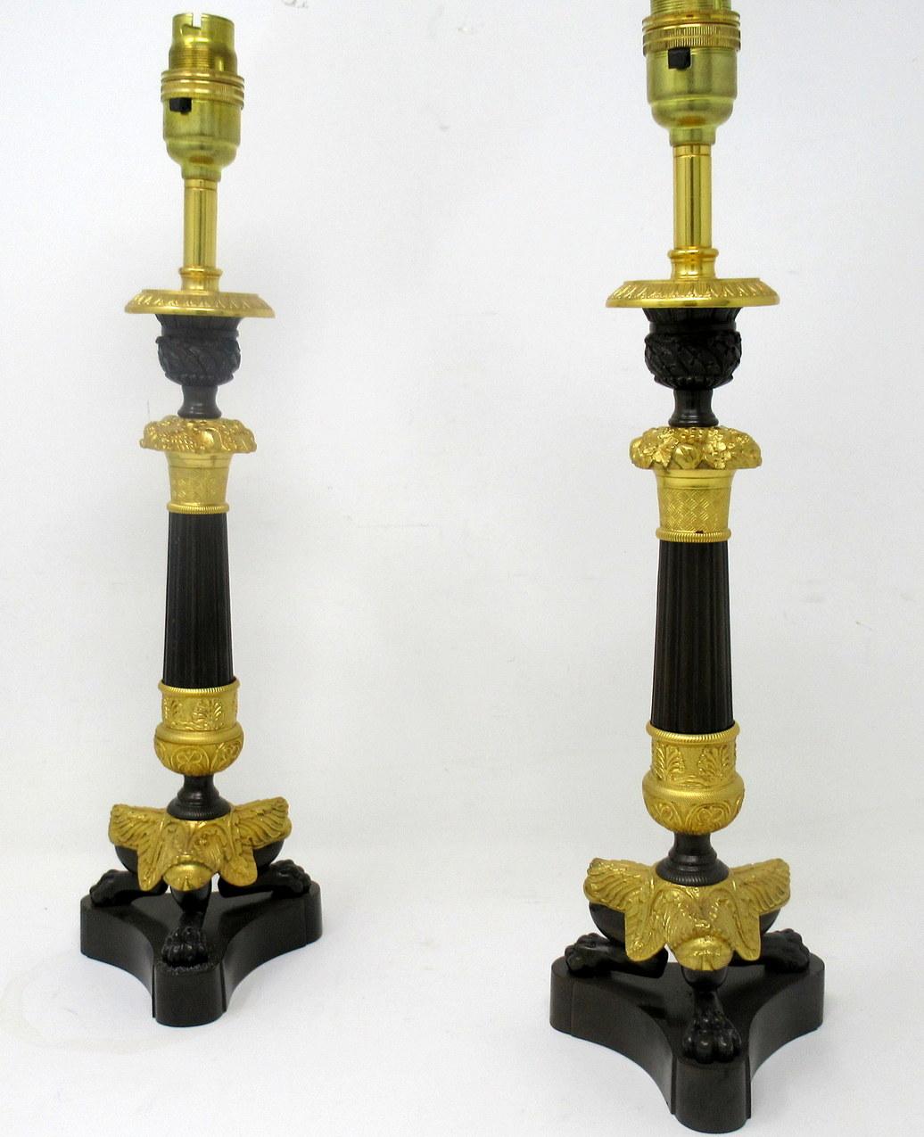 Antique Pair of French Doré Bronze Neoclassical Ormolu Gilt Candlestick Lamps In Good Condition In Dublin, Ireland