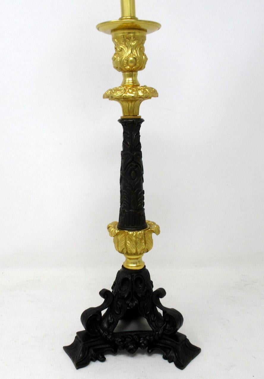 19th Century Antique Pair of French Doré Bronze Neoclassical Ormolu Gilt Candlestick Lamps