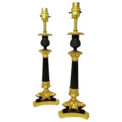 Antique Pair of French Doré Bronze Neoclassical Ormolu Gilt Candlestick Lamps