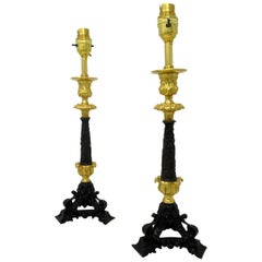 Antique Pair of French Doré Bronze Neoclassical Ormolu Gilt Candlestick Lamps