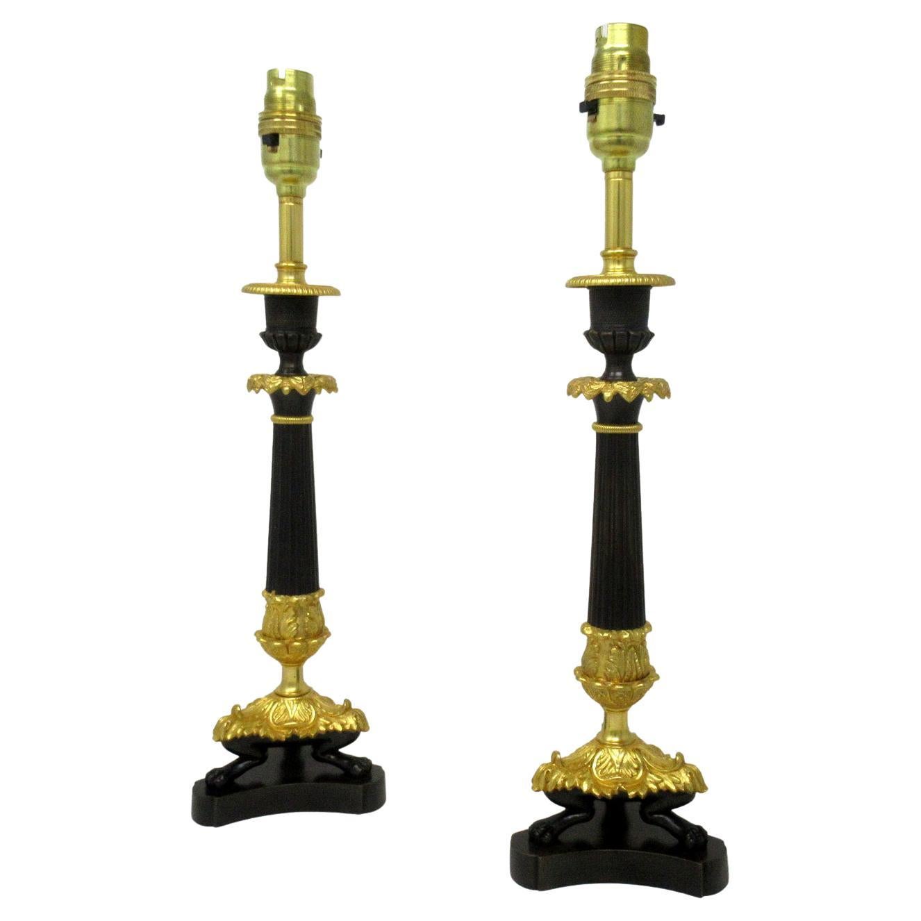 Antique Pair of French Doré Bronze Neoclassical Ormolu Gilt Candlestick Lamps