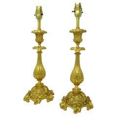 Antique Pair of French Doré Bronze Neoclassical Ormolu Gilt Candlestick Lamps