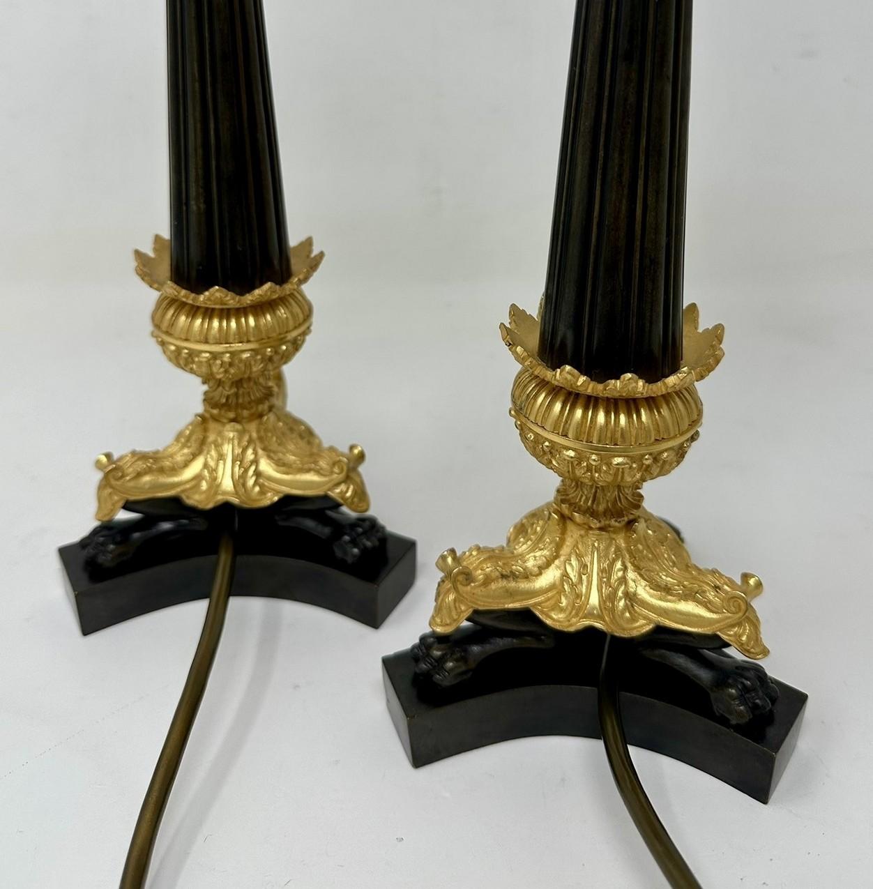 Antique Pair French Doré Bronze Neoclassical Ormolu Gilt Candlestick Table Lamps For Sale 5