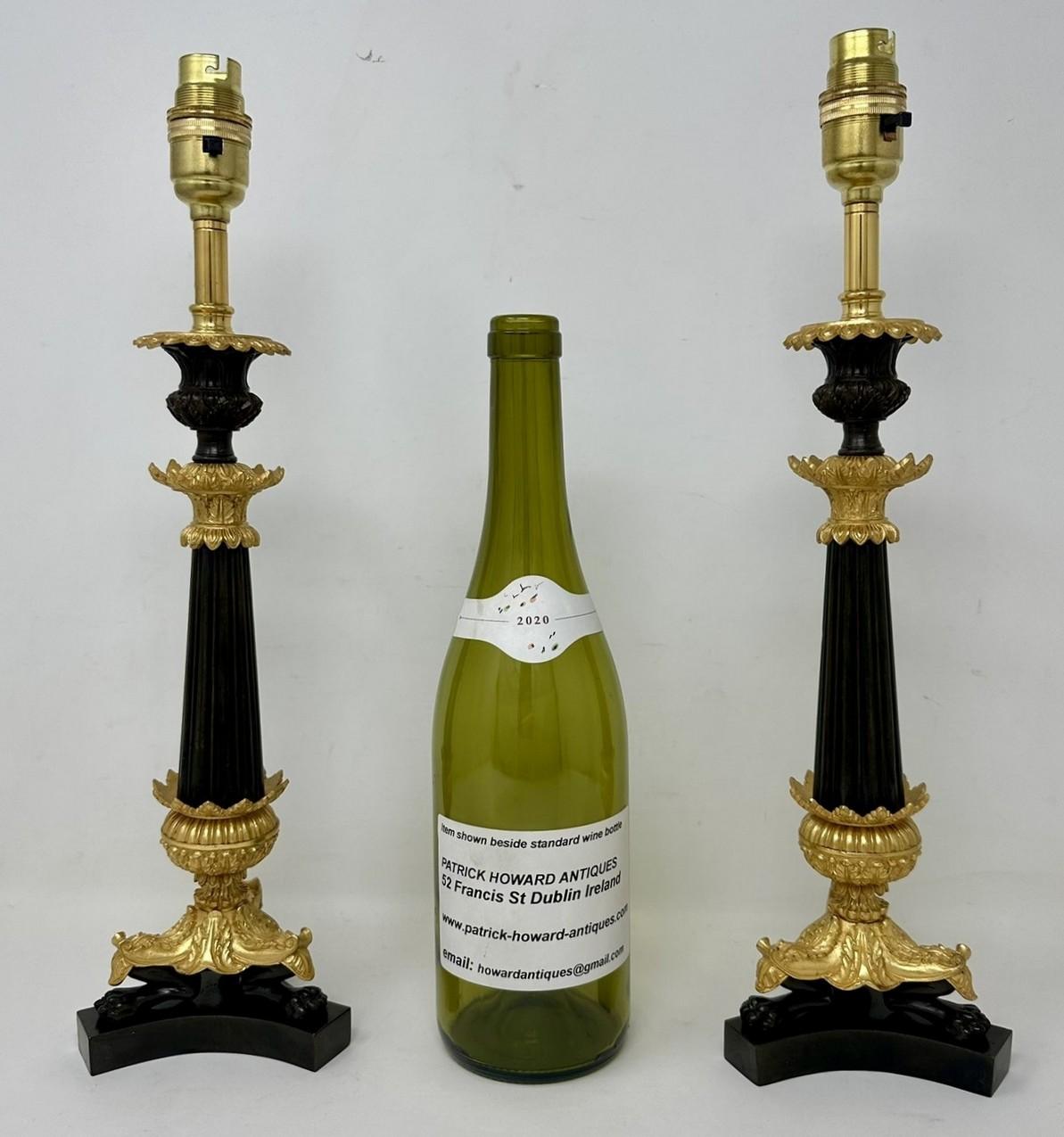 Antique Pair French Doré Bronze Neoclassical Ormolu Gilt Candlestick Table Lamps For Sale 6