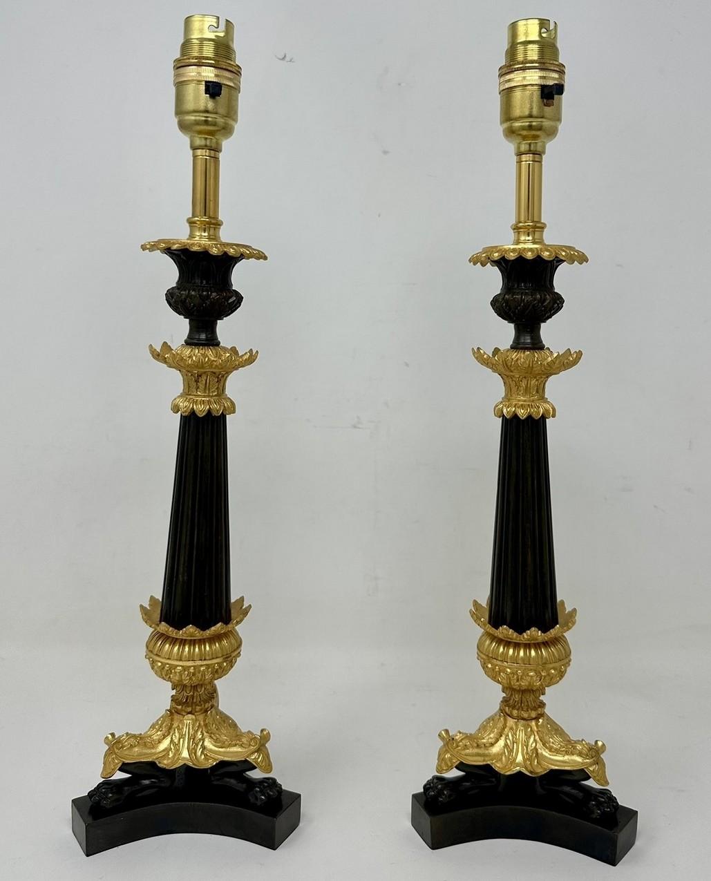 Early Victorian Antique Pair French Doré Bronze Neoclassical Ormolu Gilt Candlestick Table Lamps For Sale