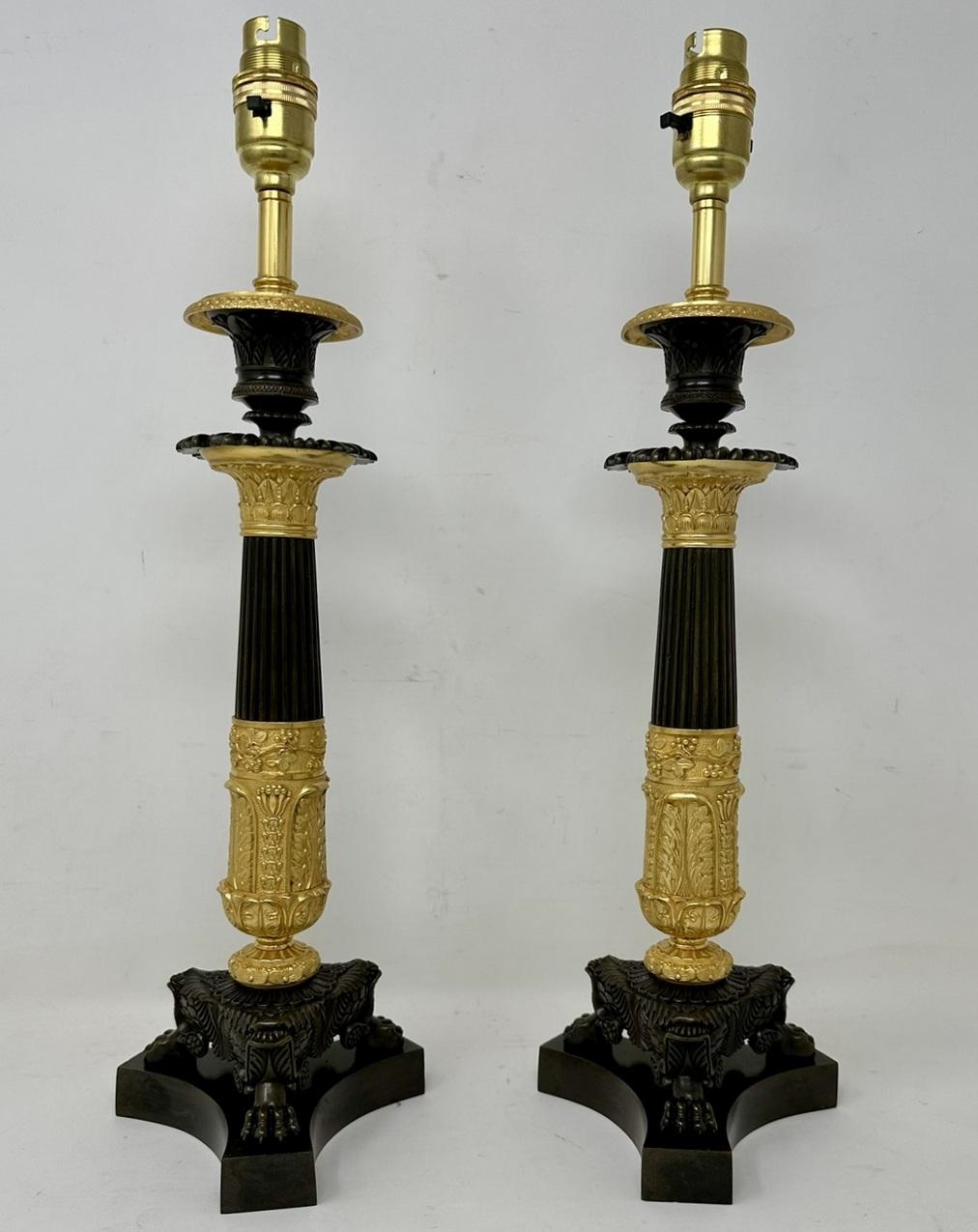 Early Victorian Antique Pair of French Doré Bronze Neoclassical Ormolu Gilt Candlesticks Lamps  For Sale