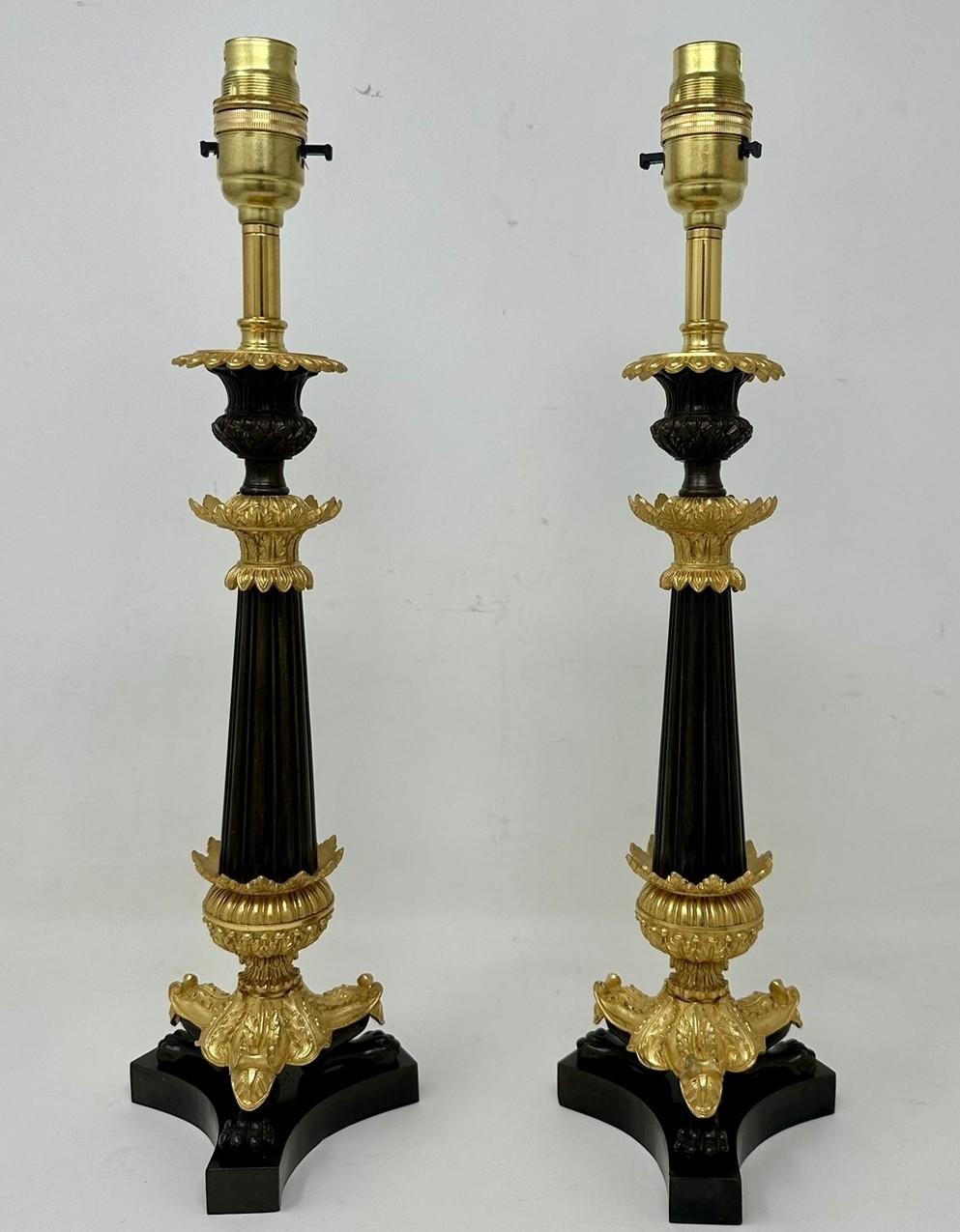 Antique Pair French Doré Bronze Neoclassical Ormolu Gilt Candlestick Table Lamps In Good Condition For Sale In Dublin, Ireland