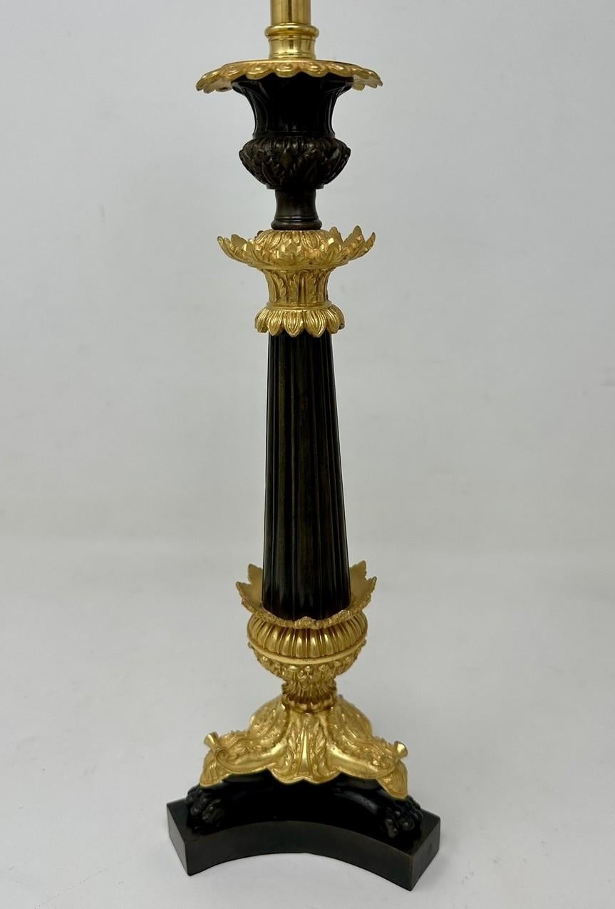 19th Century Antique Pair French Doré Bronze Neoclassical Ormolu Gilt Candlestick Table Lamps For Sale