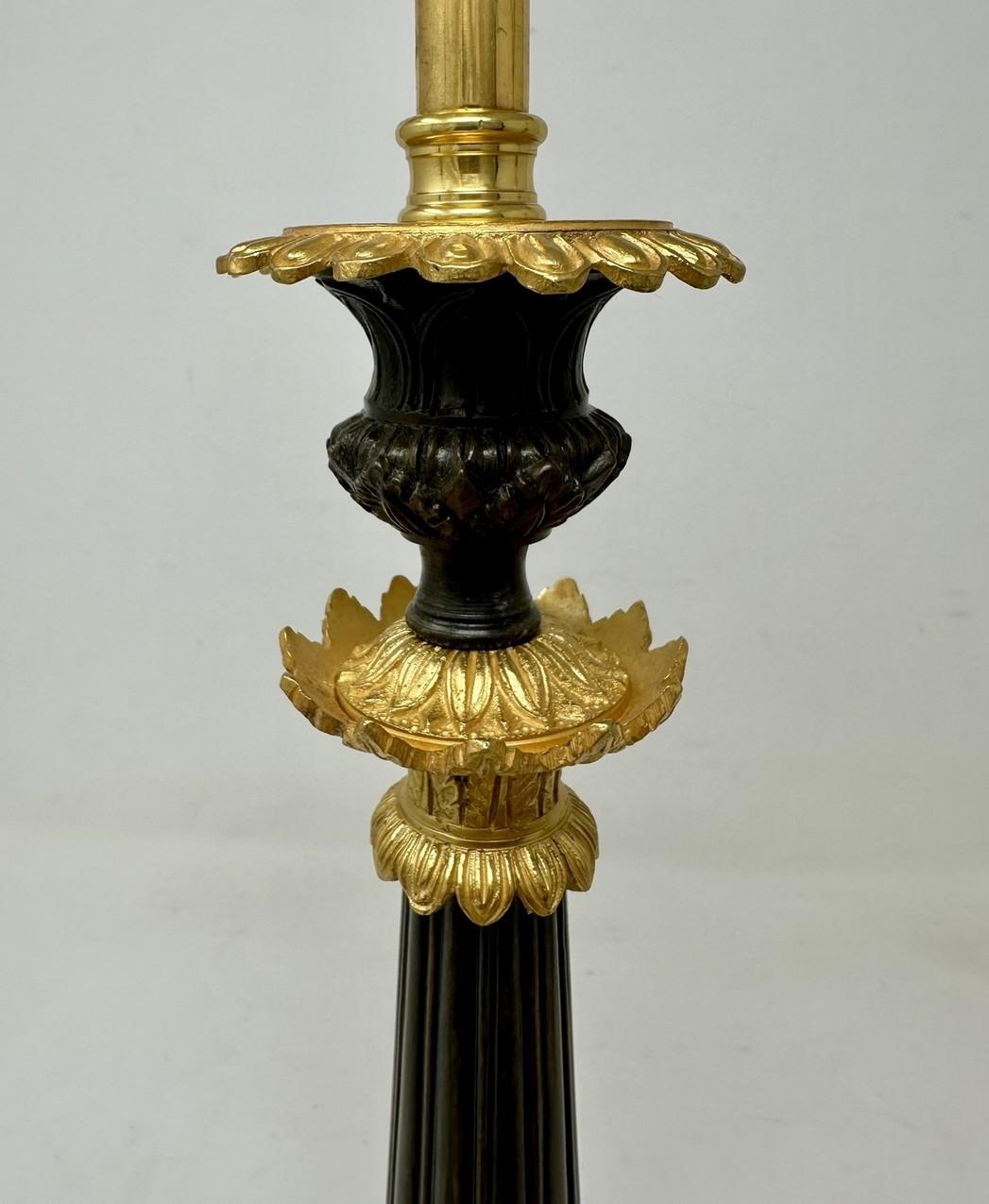 Antique Pair French Doré Bronze Neoclassical Ormolu Gilt Candlestick Table Lamps For Sale 2