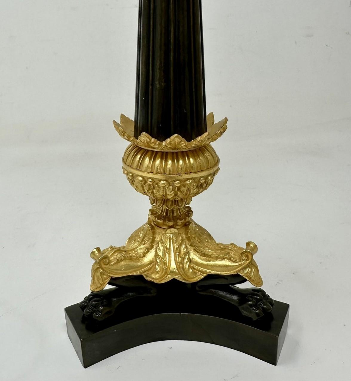 Antique Pair French Doré Bronze Neoclassical Ormolu Gilt Candlestick Table Lamps For Sale 3