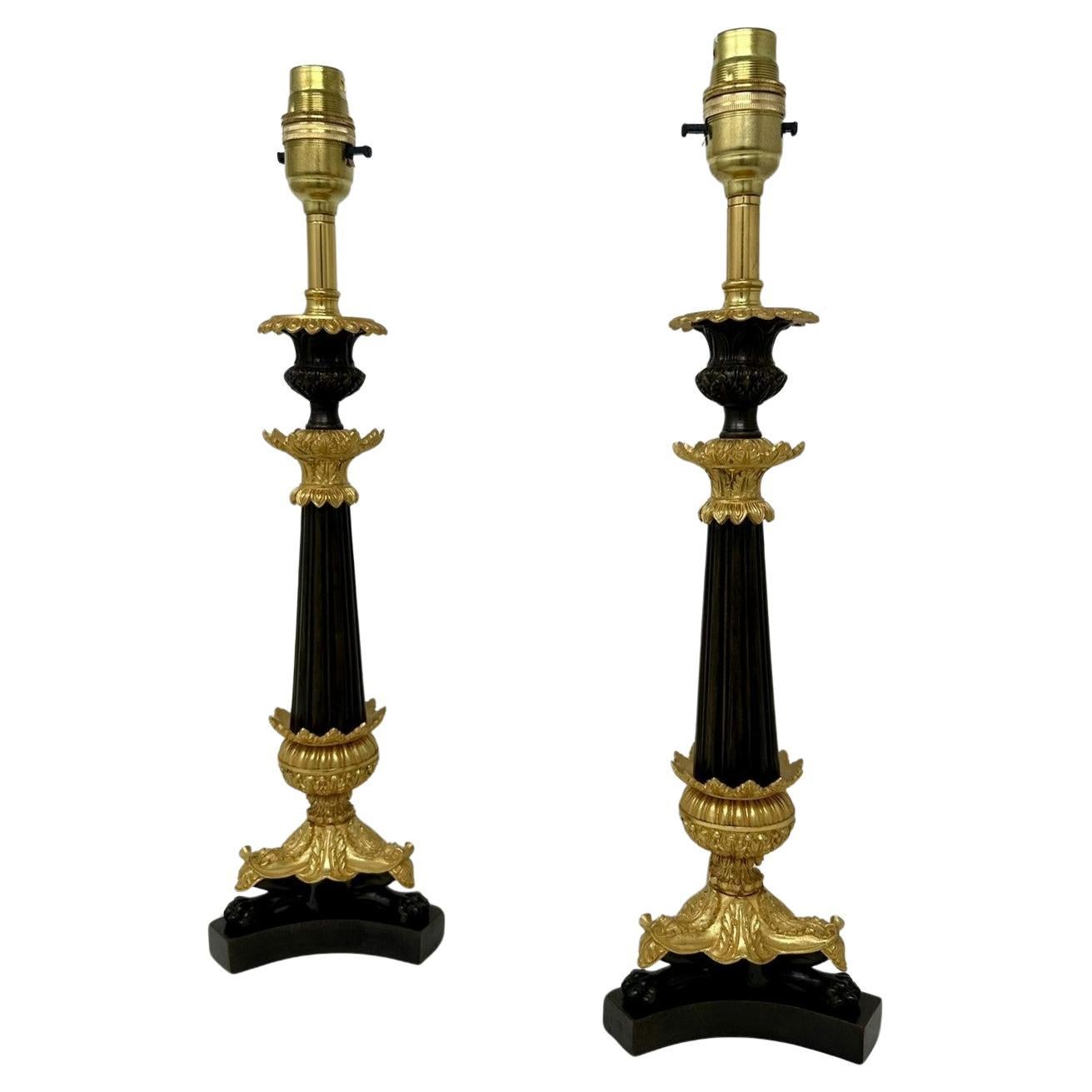 Antique Pair French Doré Bronze Neoclassical Ormolu Gilt Candlestick Table Lamps For Sale