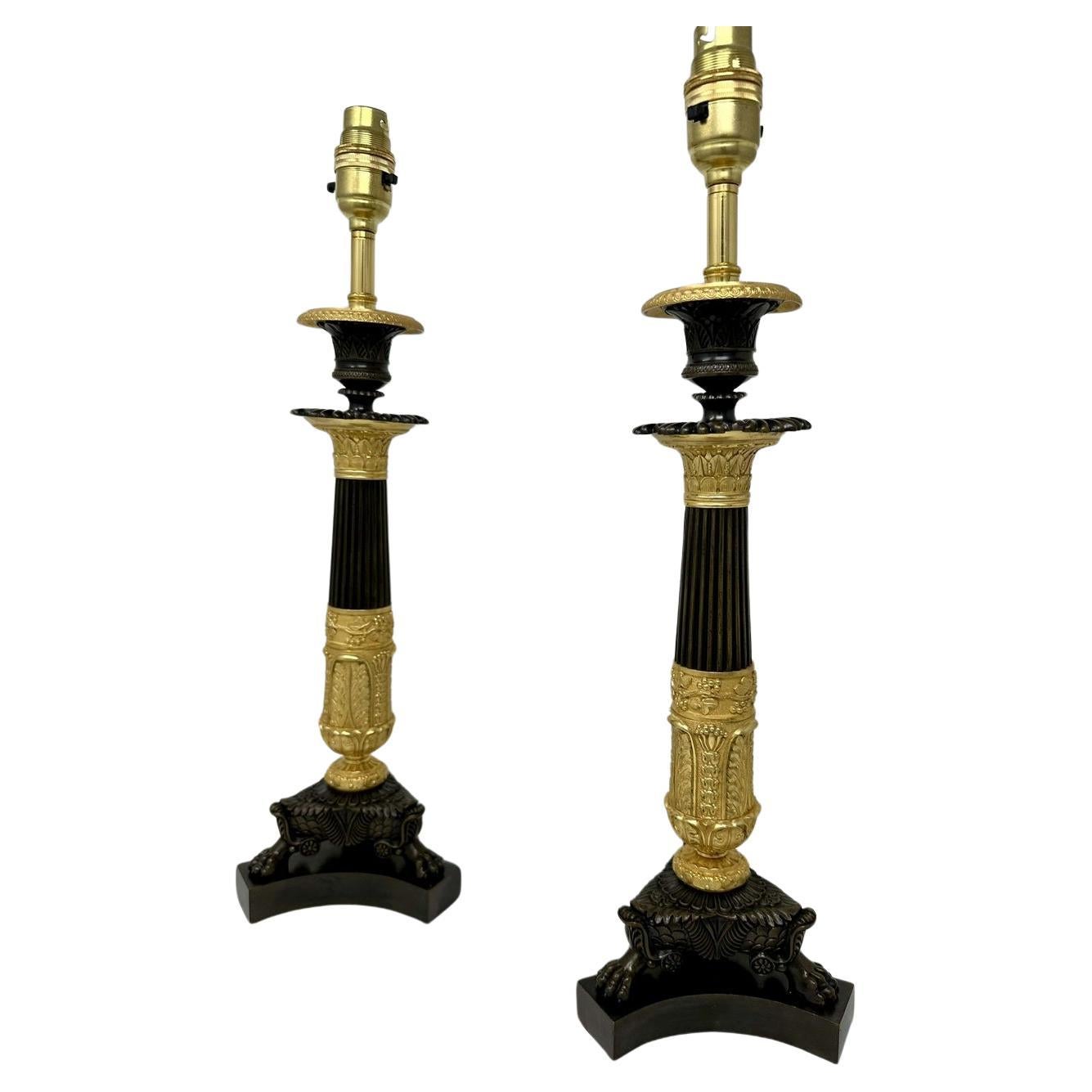 Antique Pair of French Doré Bronze Neoclassical Ormolu Gilt Candlesticks Lamps  For Sale