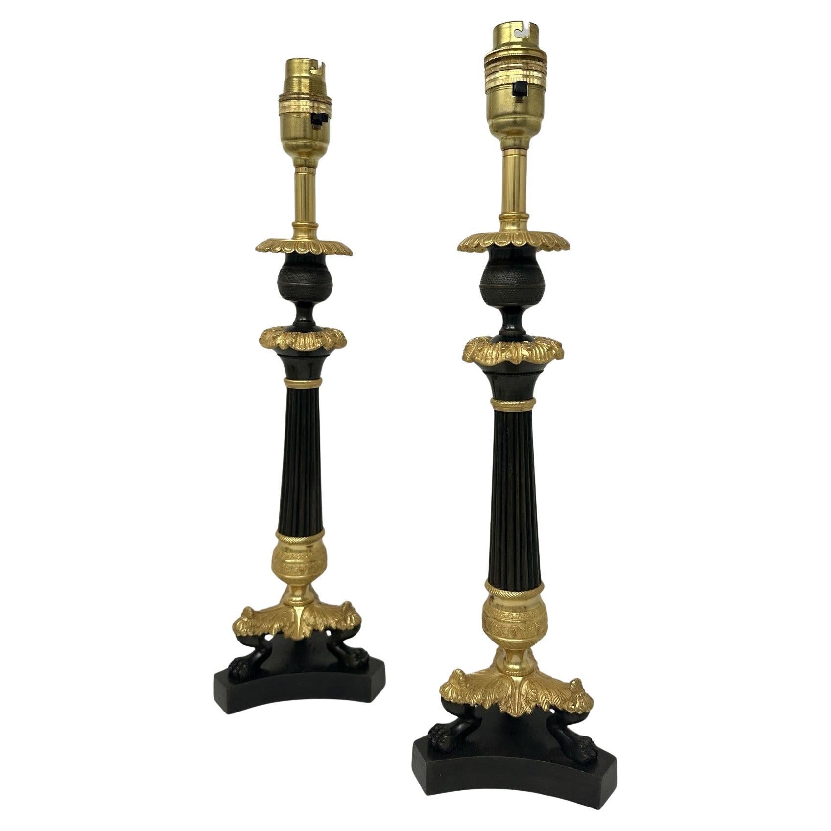 Antique Pair of French Doré Bronze Neoclassical Ormolu Gilt Candlesticks Lamps