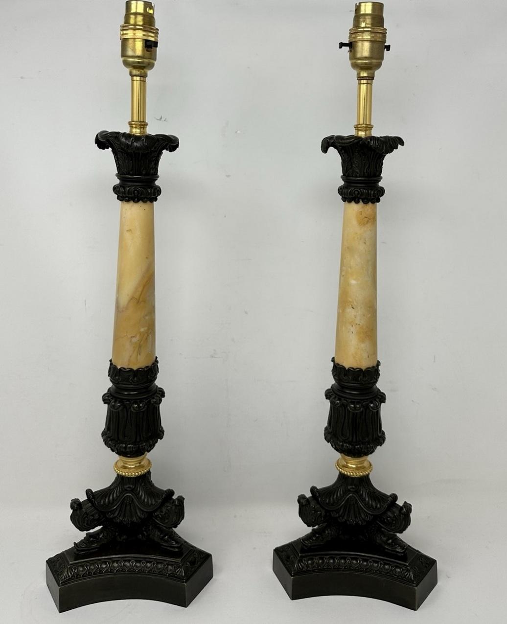 Early Victorian Antique Pair of French Doré Bronze Ormolu Sienna Marble Candlesticks Table Lamps For Sale