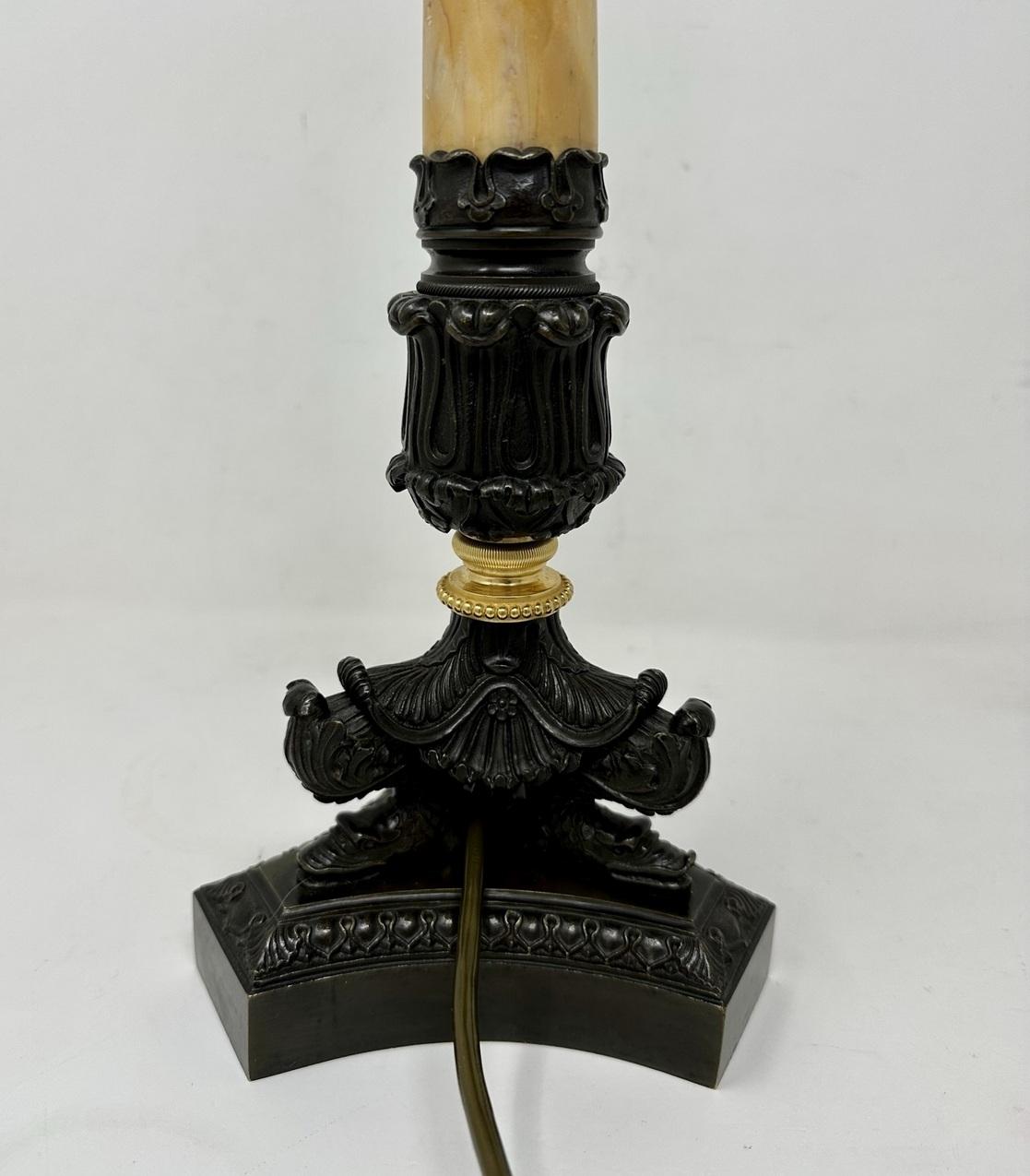 19th Century Antique Pair of French Doré Bronze Ormolu Sienna Marble Candlesticks Table Lamps For Sale