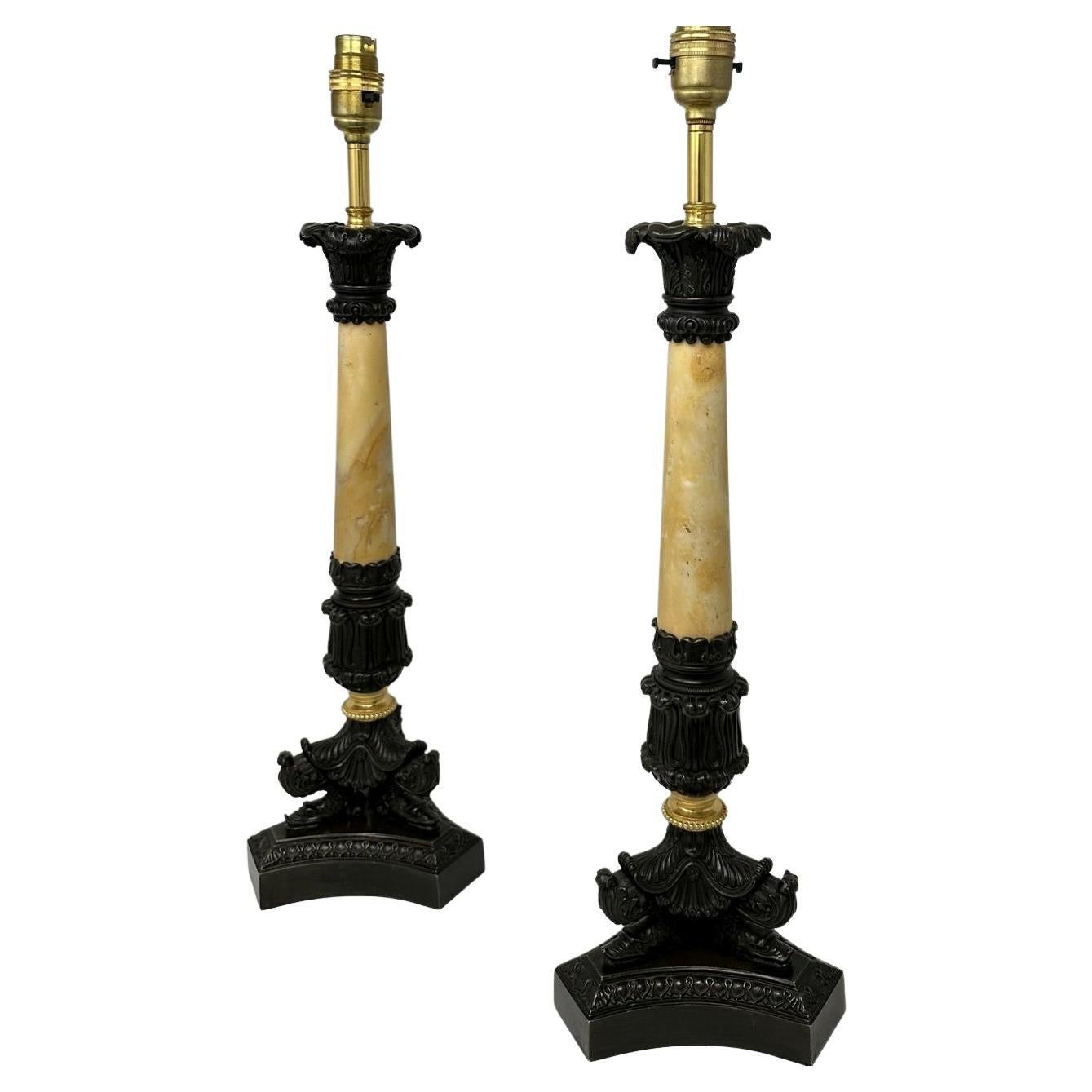 Antique Pair of French Doré Bronze Ormolu Sienna Marble Candlesticks Table Lamps For Sale