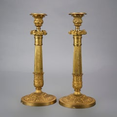 Antique Pair of French Empire Gilt Bronze Candlesticks 19th C