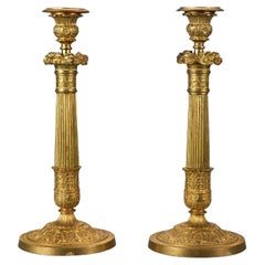 Antique Pair of French Empire Gilt Bronze Candlesticks 19th C