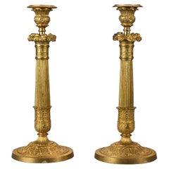 Antique Pair of French Empire Gilt Bronze Candlesticks 19th C