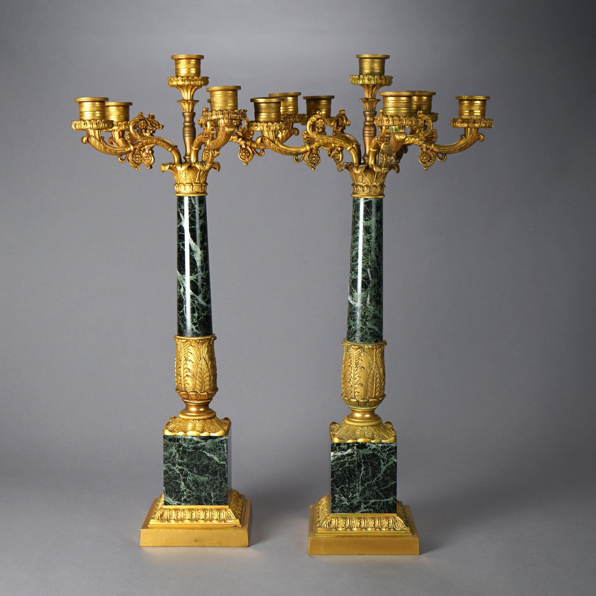 Cast Antique Pair of French Empire Gilt Bronze & Marble Candelabra19th C For Sale