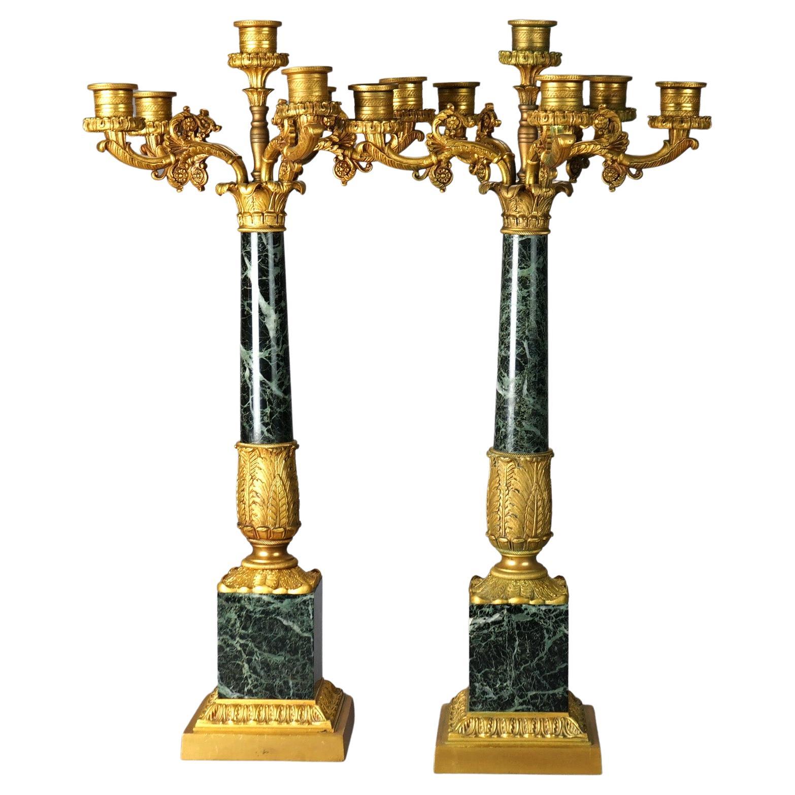 Antique Pair of French Empire Gilt Bronze & Marble Candelabra19th C For Sale