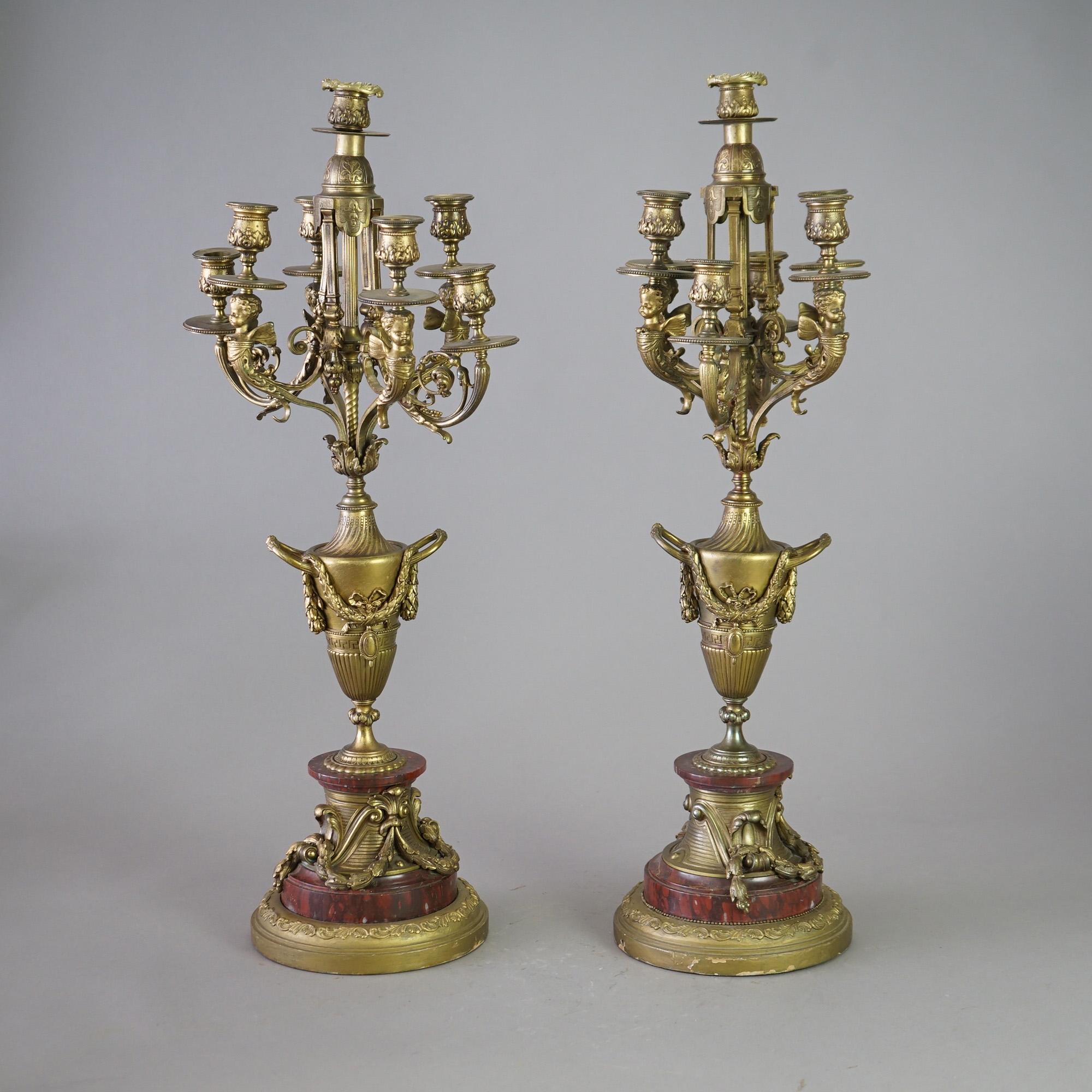 Cast Antique Pair of French Empire Gilt Bronze & Rouge Marble Candelabra 19thC For Sale