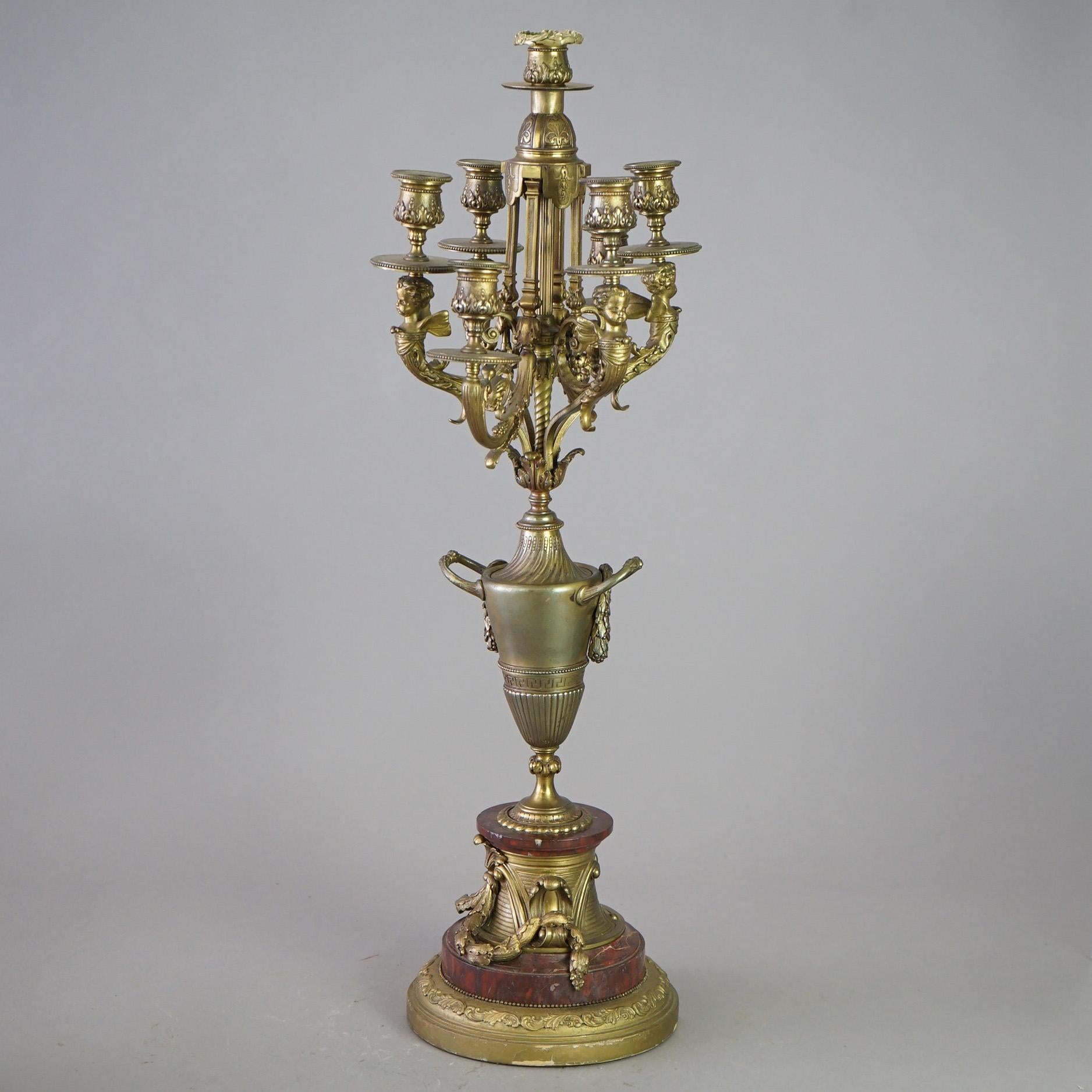 Antique Pair of French Empire Gilt Bronze & Rouge Marble Candelabra 19thC In Good Condition For Sale In Big Flats, NY