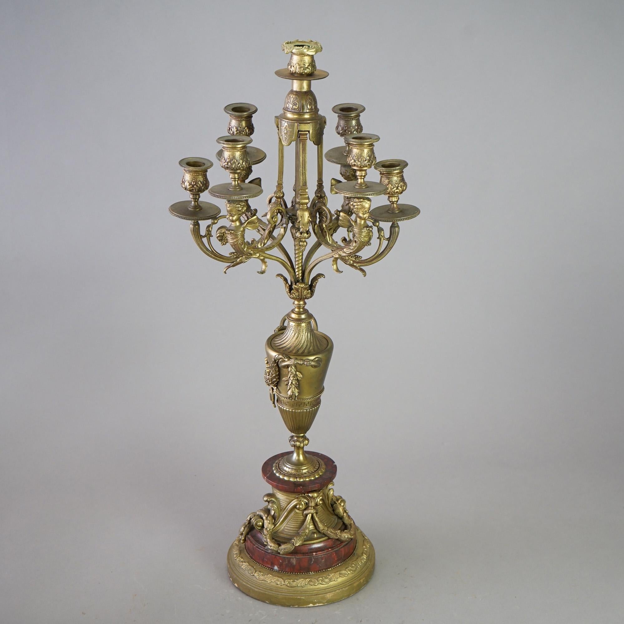 19th Century Antique Pair of French Empire Gilt Bronze & Rouge Marble Candelabra 19thC For Sale