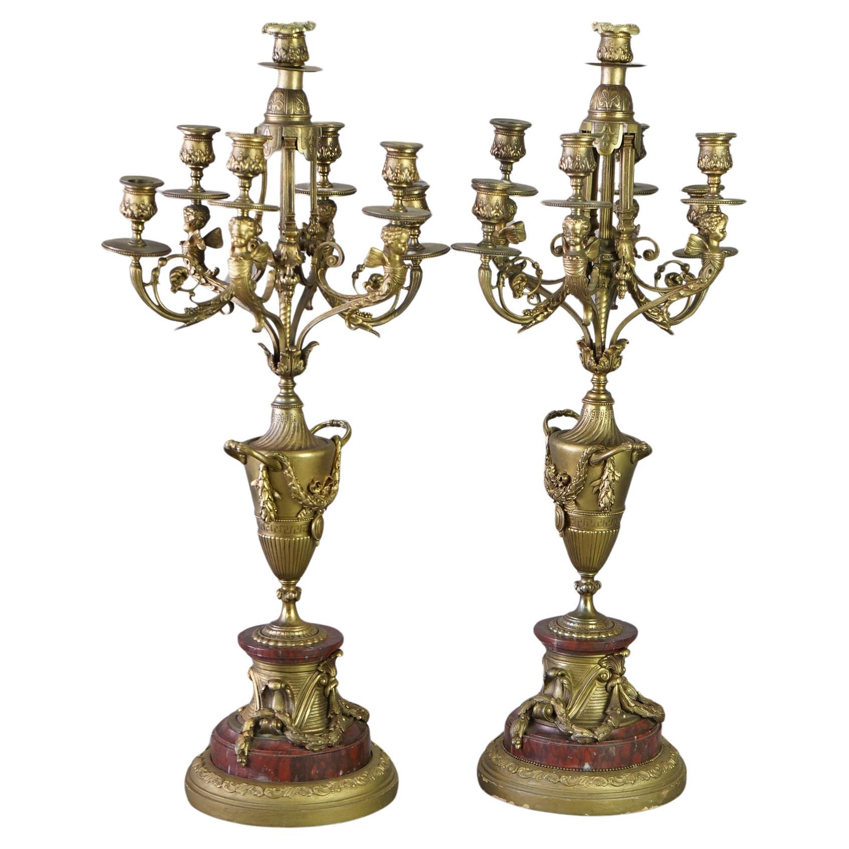 Antique Pair of French Empire Gilt Bronze & Rouge Marble Candelabra 19thC For Sale