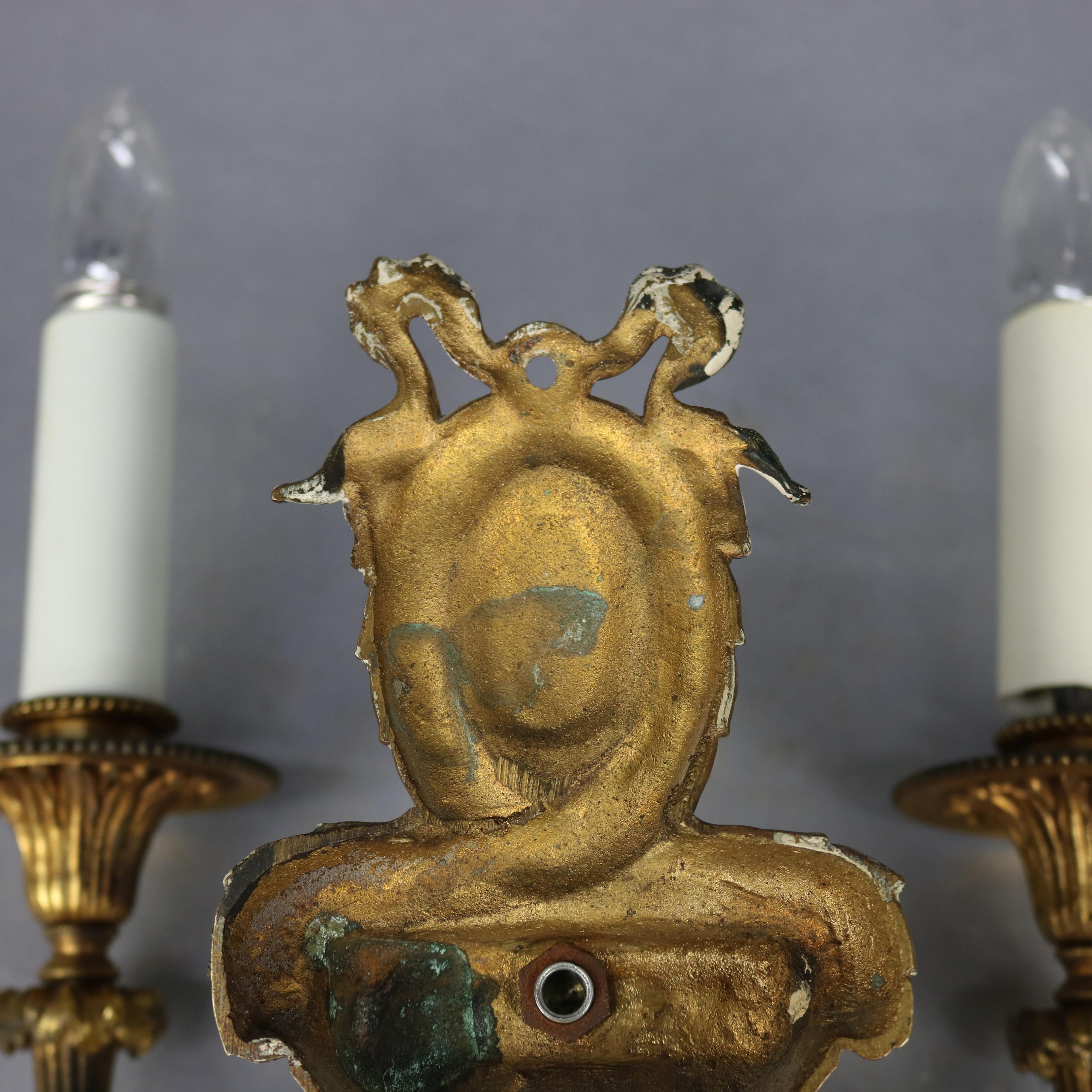 Antique Pair of French Empire Gilt Bronze Torchiere Wall Sconces, 20th Century 8
