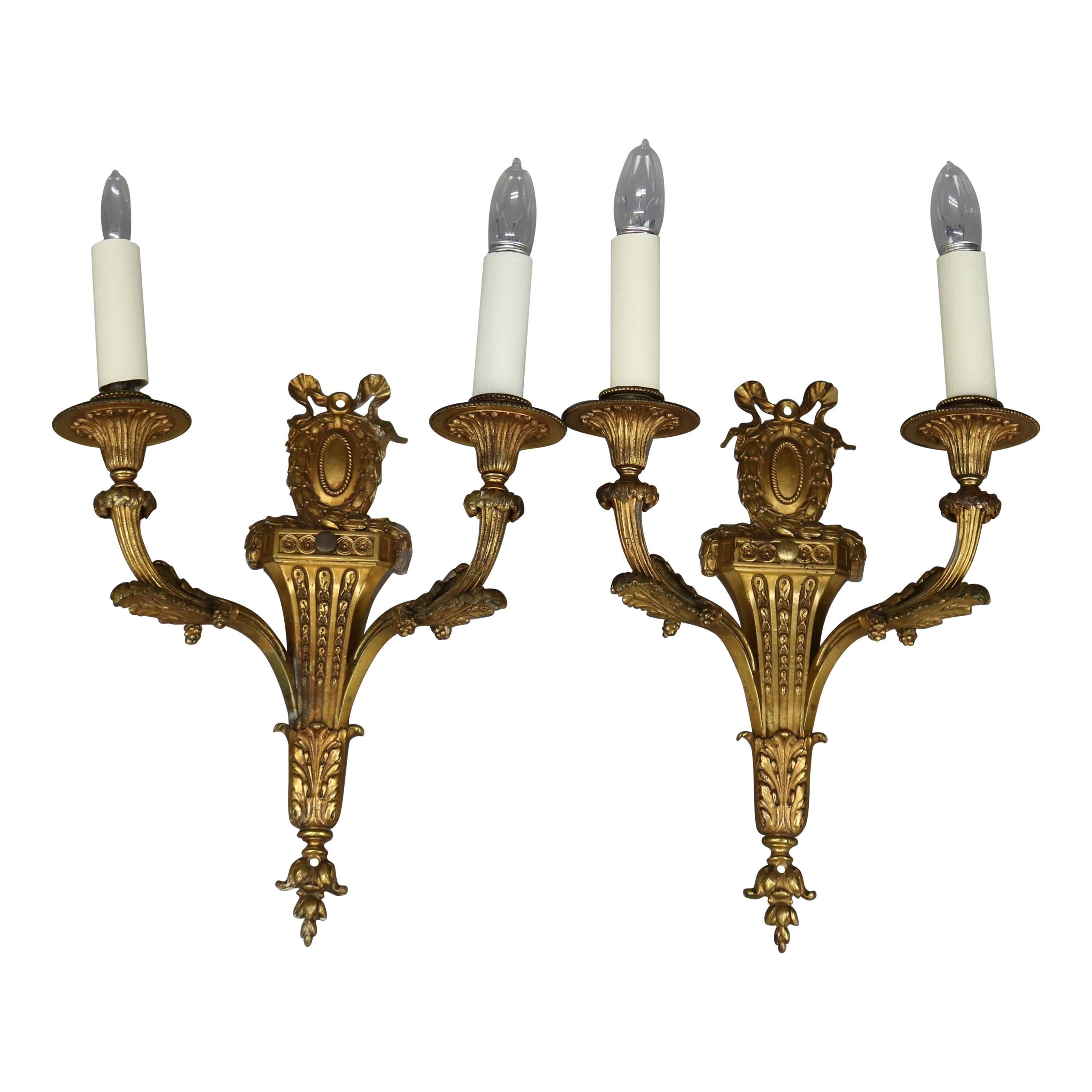 Antique Pair of French Empire Gilt Bronze Torchiere Wall Sconces, 20th Century