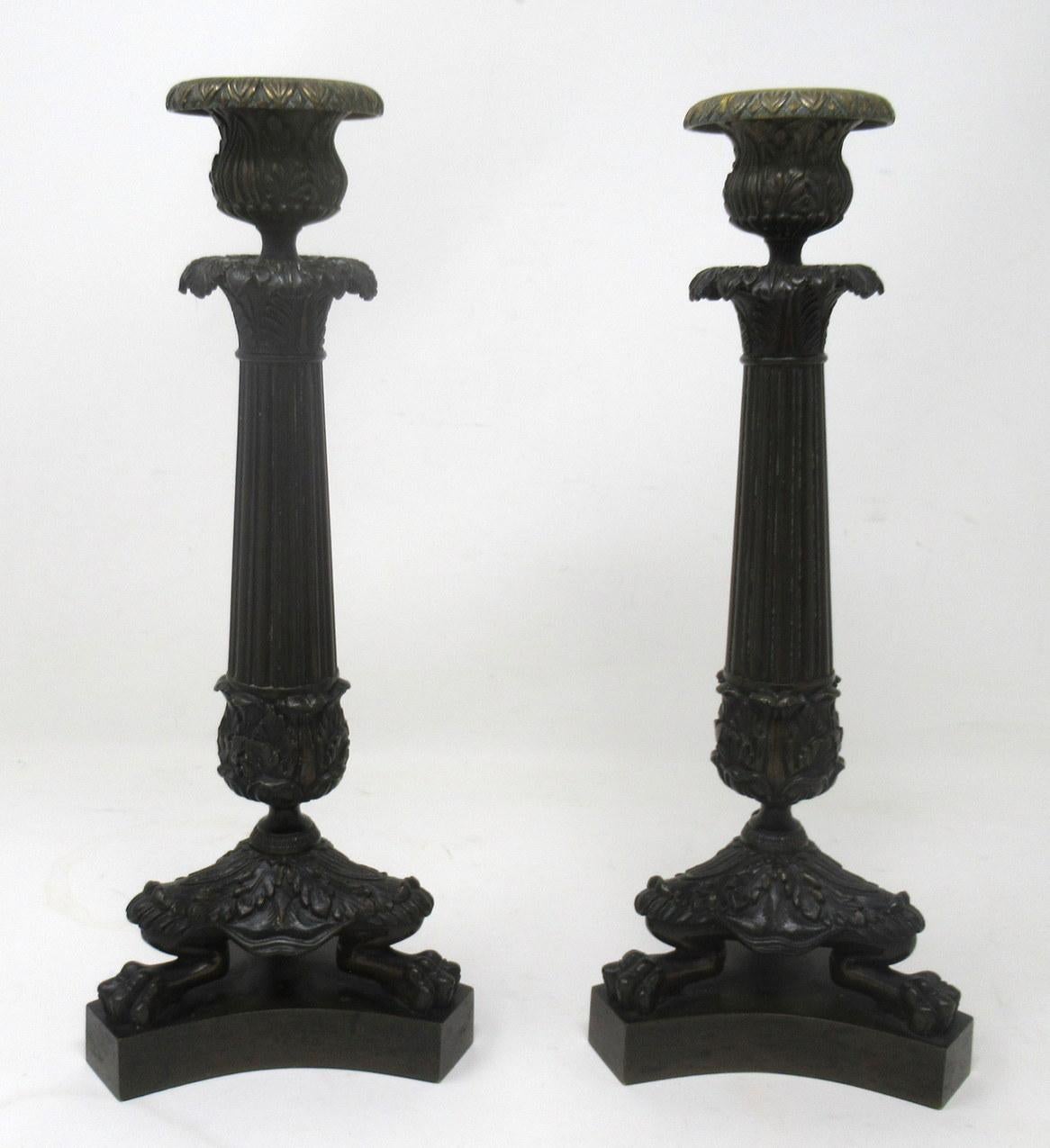 Cast Antique Pair of French Empire Ormolu Bronze Dore Candlesticks Candelabra Regency