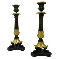 Antique Pair of French Empire Ormolu Bronze Dore Candlesticks Candelabra Regency