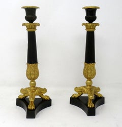 Antique Pair of French Empire Ormolu Patinated Bronze Dore Candlesticks Regency