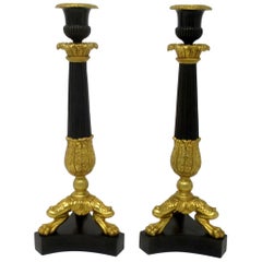 Antique Pair of French Empire Ormolu Patinated Bronze Dore Candlesticks Regency