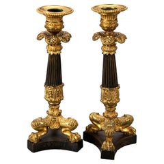 Antique Pair of French Empire Parcel Gilt Bronze Claw Foot Candlesticks 19th C