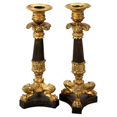 Antique Pair of French Empire Parcel Gilt Bronze Claw Foot Candlesticks 19th C