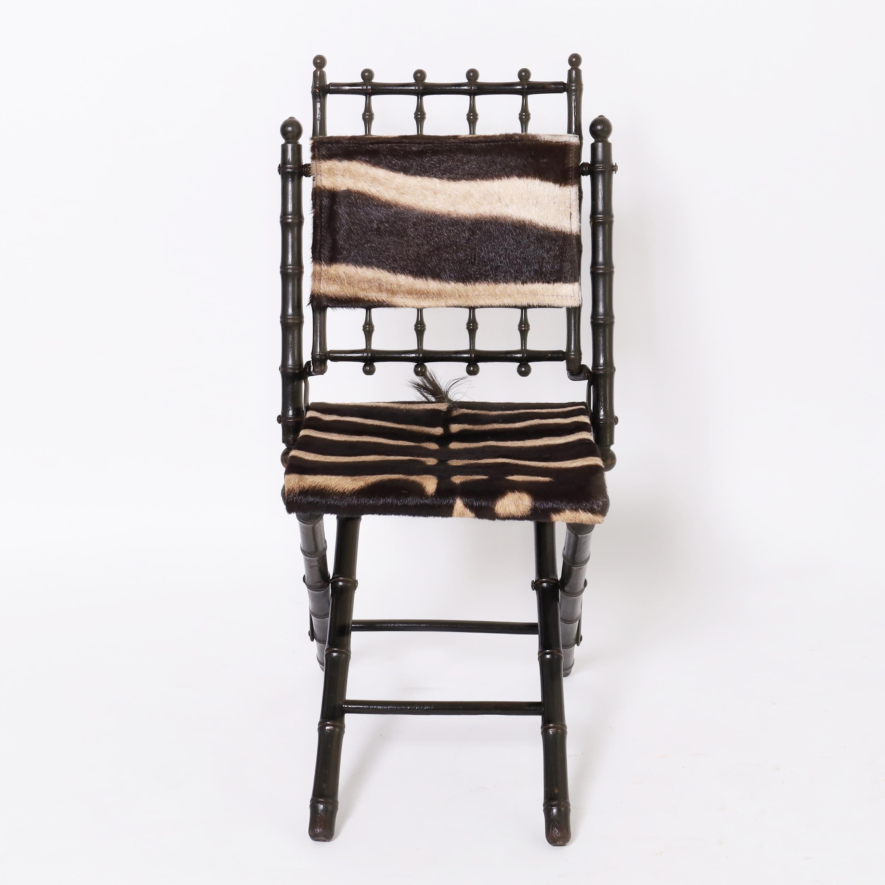 Belle Époque Antique Pair of French Faux Bamboo Chairs with Zebra