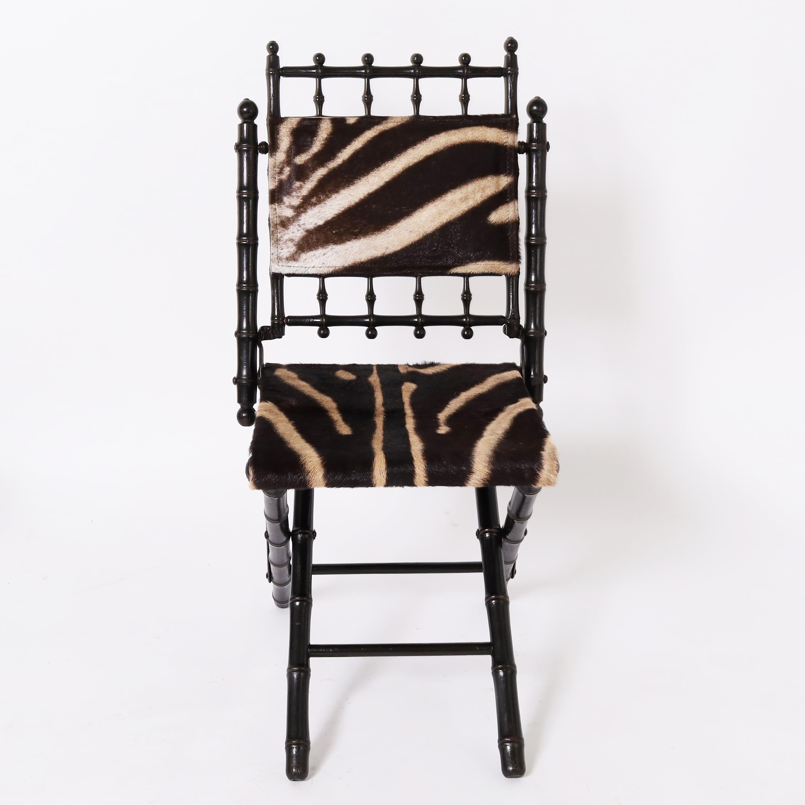 Hand-Crafted Antique Pair of French Faux Bamboo Chairs with Zebra