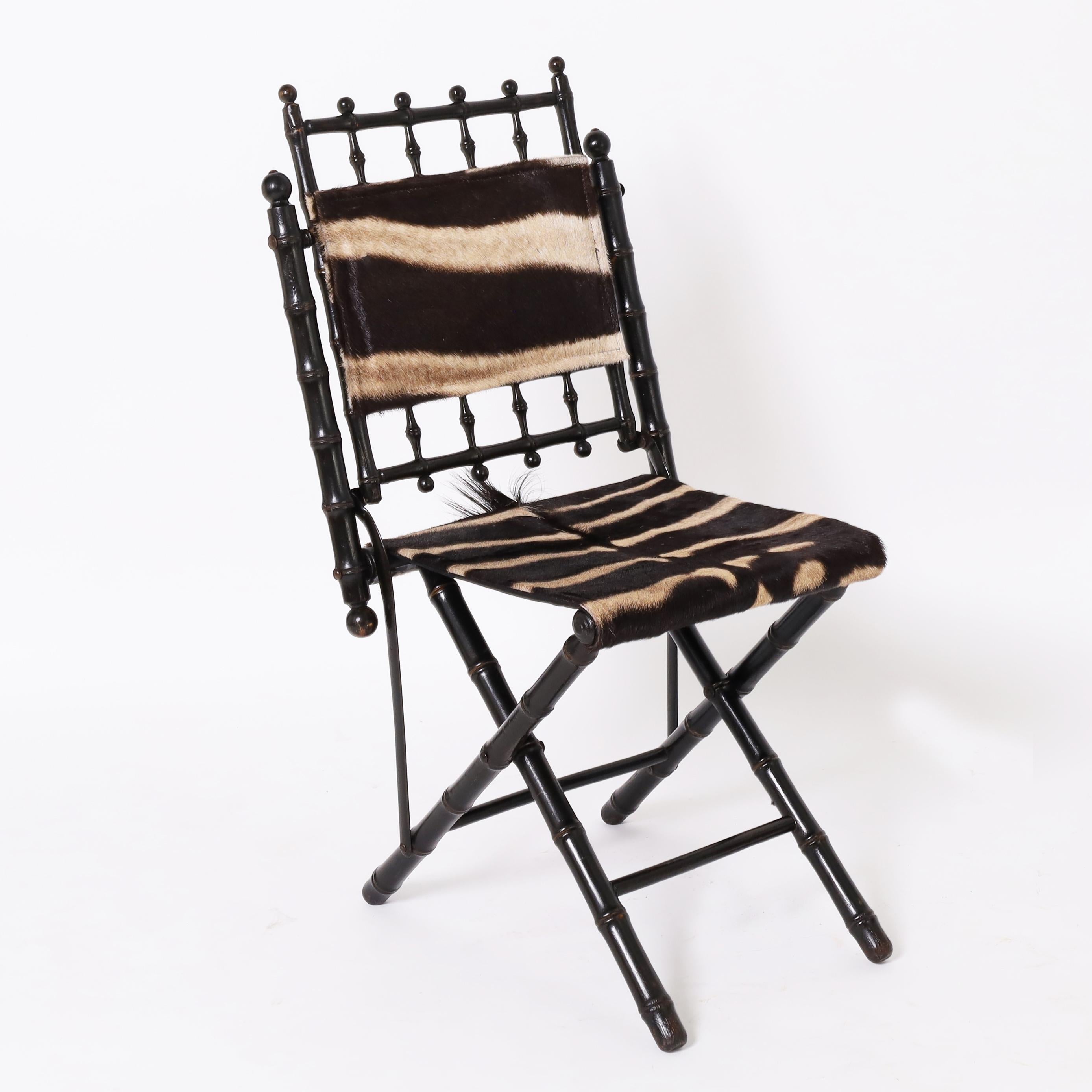 Antique Pair of French Faux Bamboo Chairs with Zebra In Good Condition In Palm Beach, FL