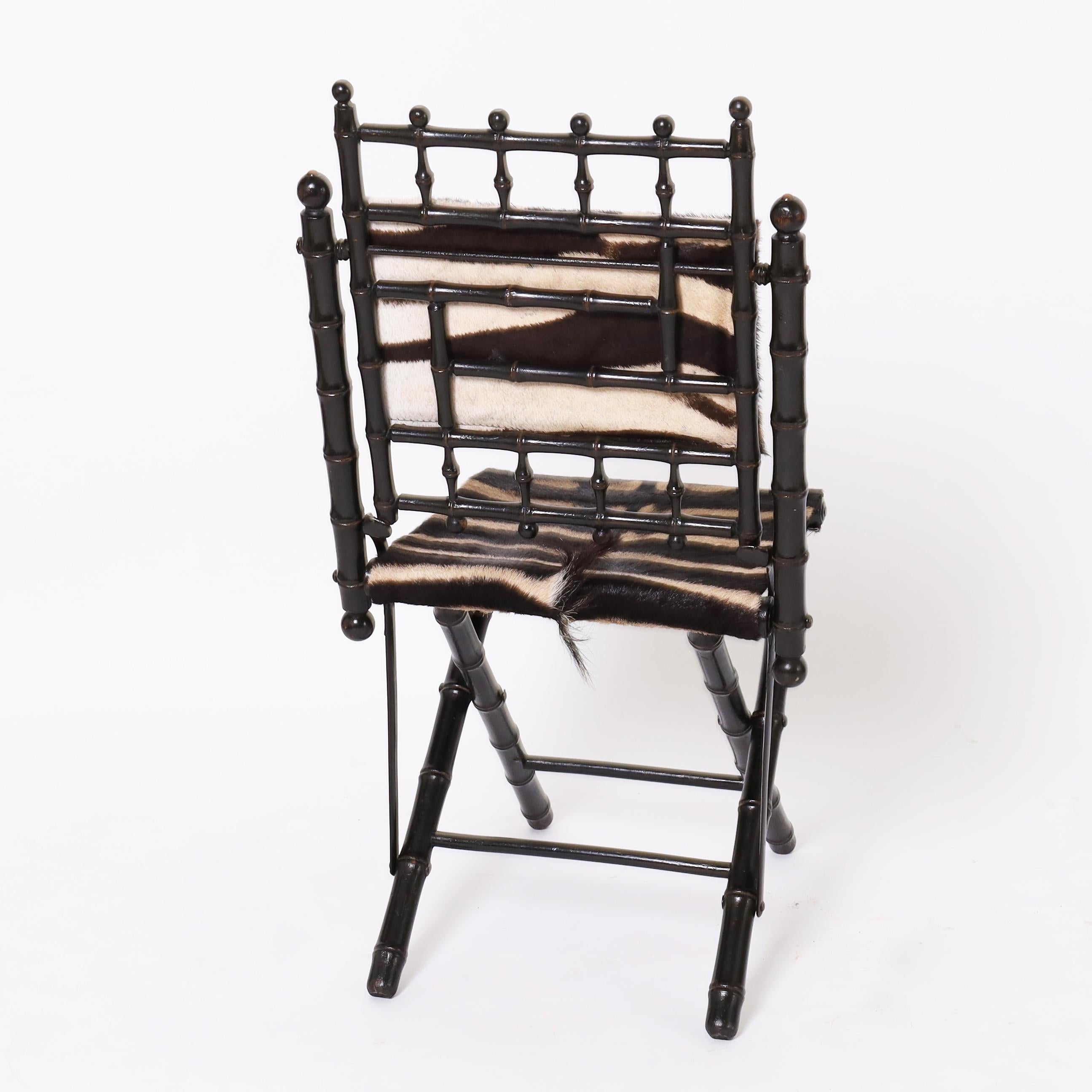Zebra Hide Antique Pair of French Faux Bamboo Chairs with Zebra