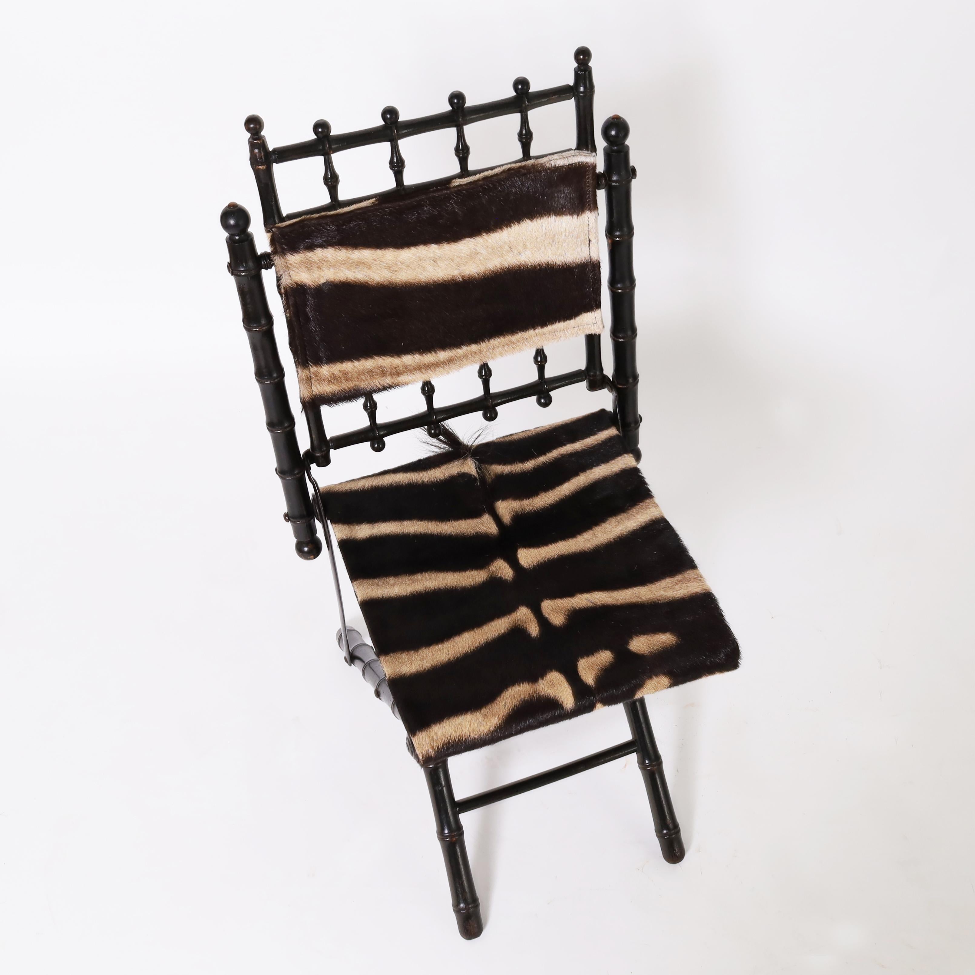 Antique Pair of French Faux Bamboo Chairs with Zebra 1