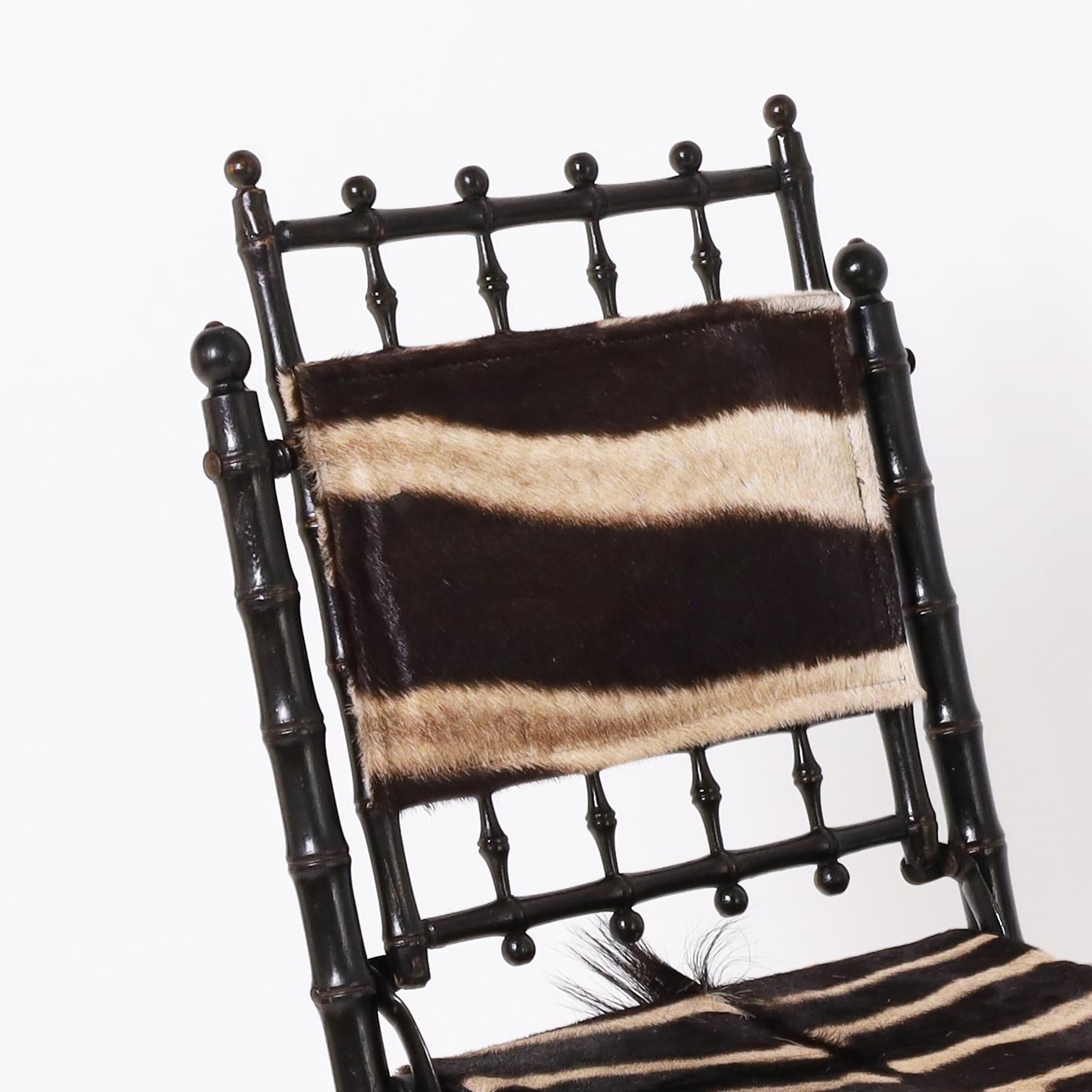 Antique Pair of French Faux Bamboo Chairs with Zebra 2