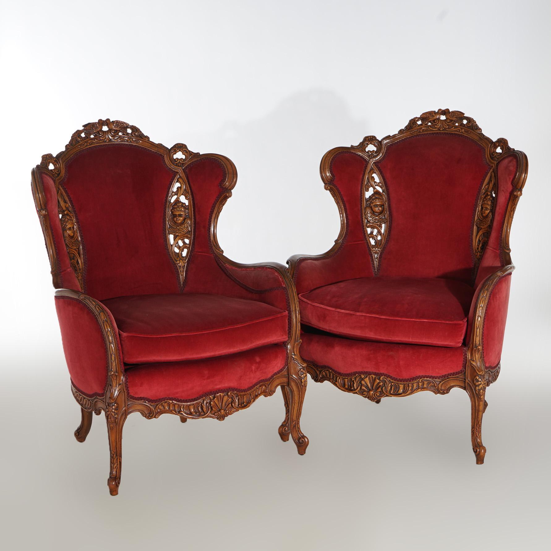 Antique Pair of French Figural Carved Walnut Fireside Wing Chairs Circa 1920 1