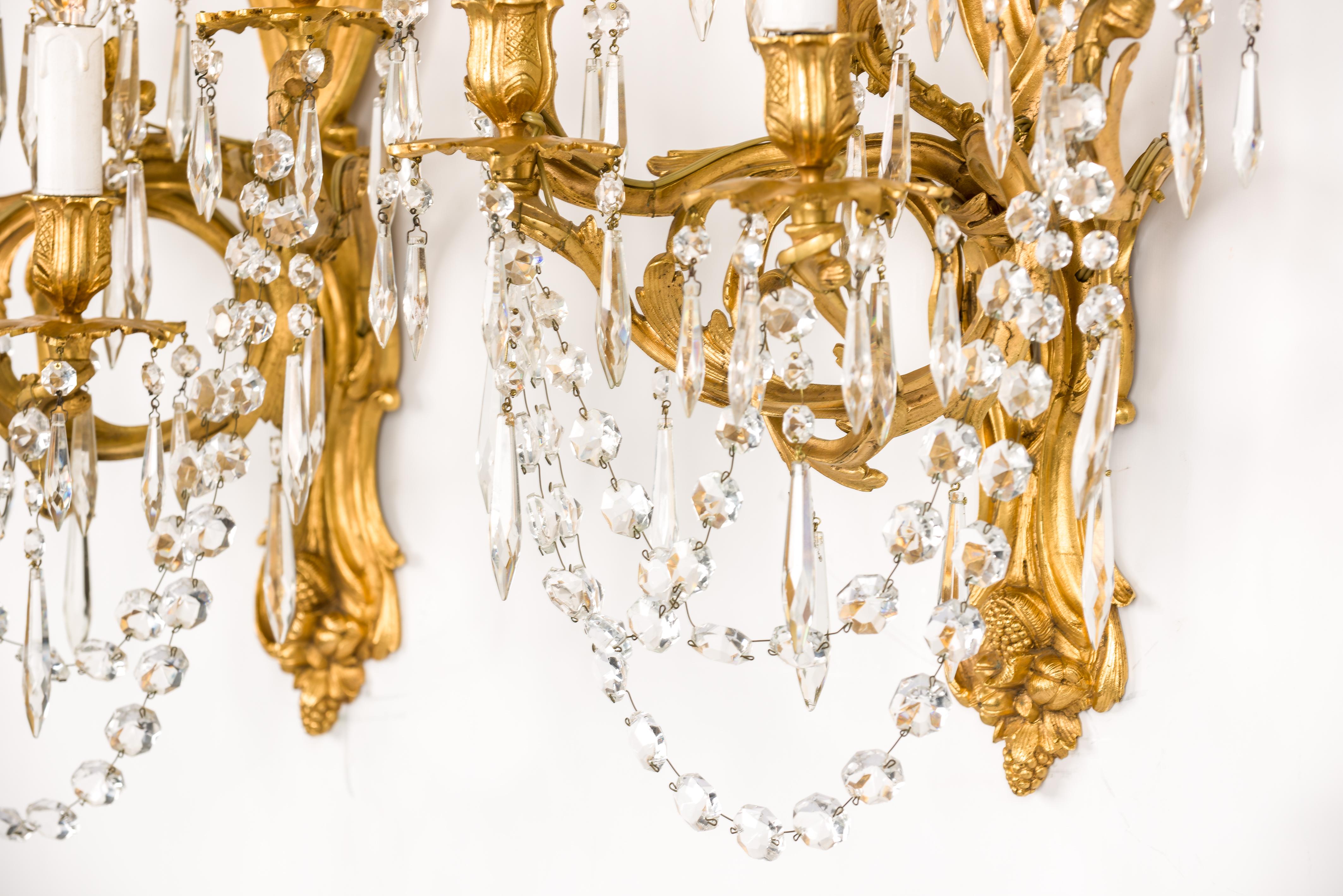 19th Century Antique pair of French fire gilt bronze and cut crystal  Louis XV sconces For Sale