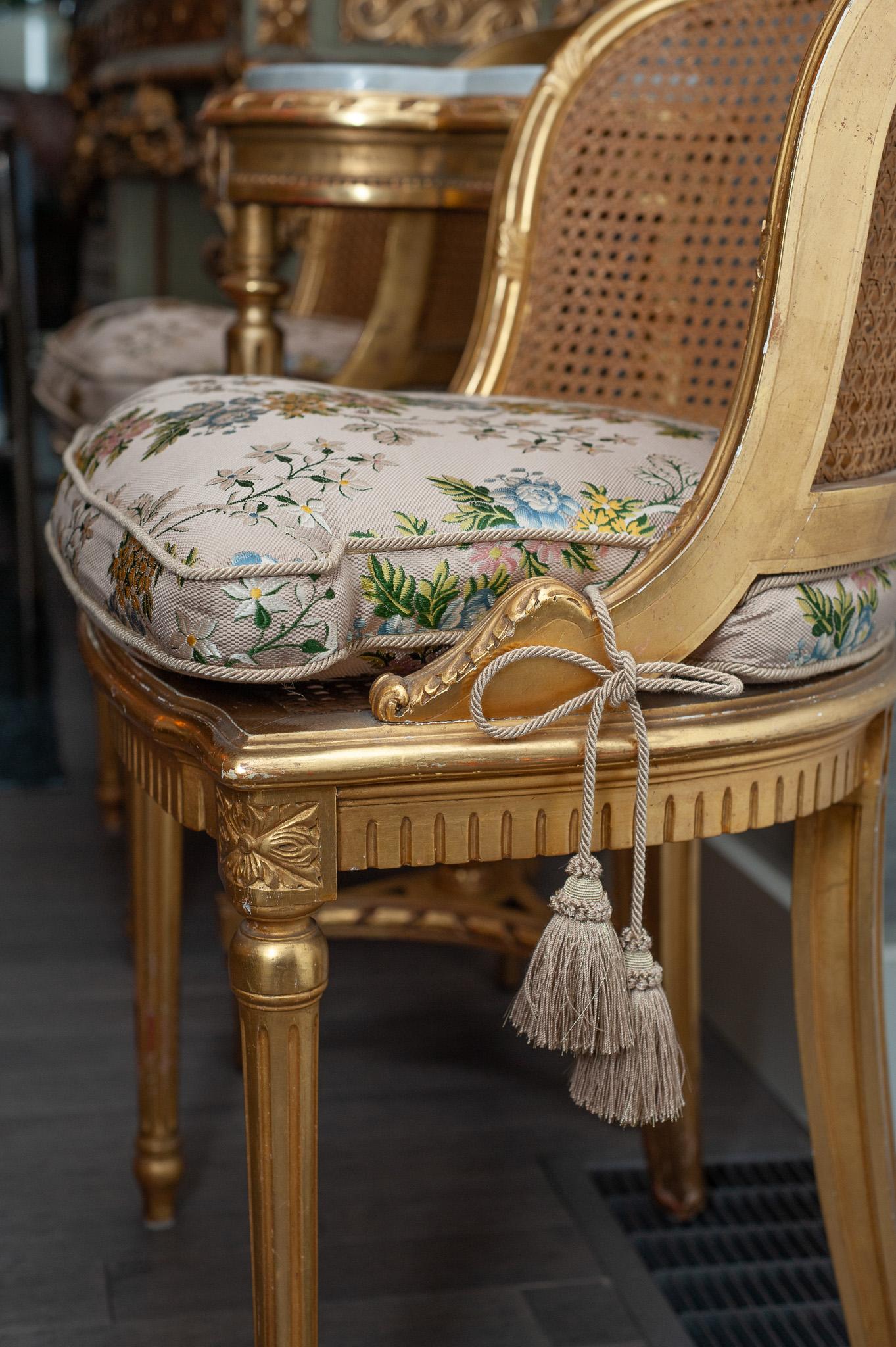 Antique Pair of French Gilded Chairs with Cane Webbing and Upholstered Cushions In Good Condition In Toronto, ON