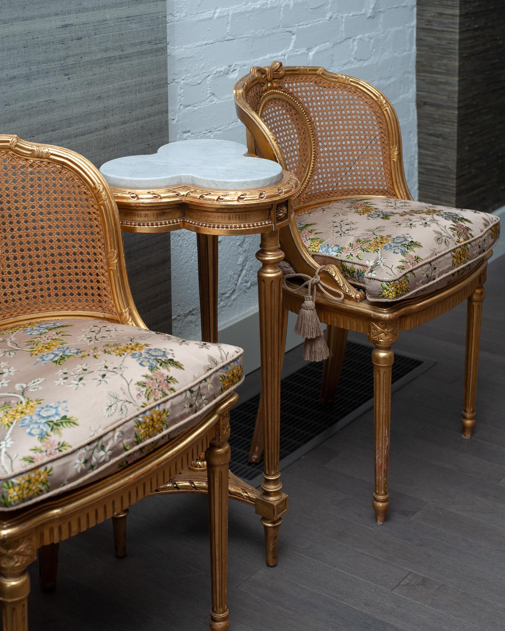 19th Century Antique Pair of French Gilded Chairs with Cane Webbing and Upholstered Cushions