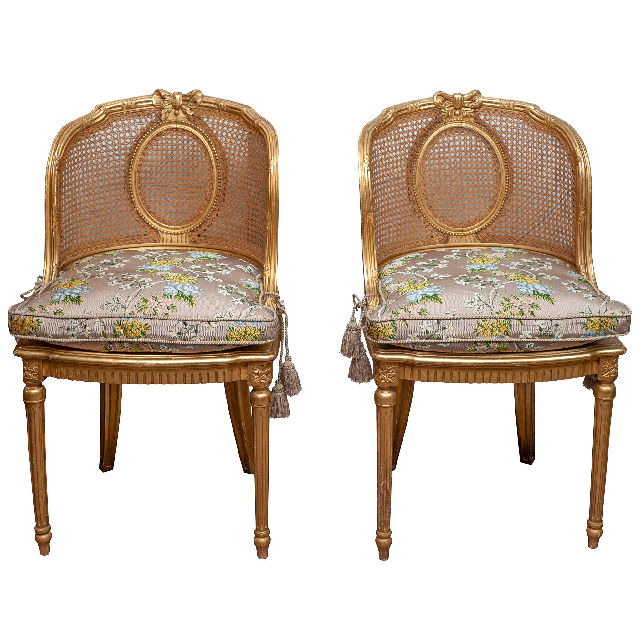 Antique Pair of French Gilded Chairs with Cane Webbing and Upholstered Cushions