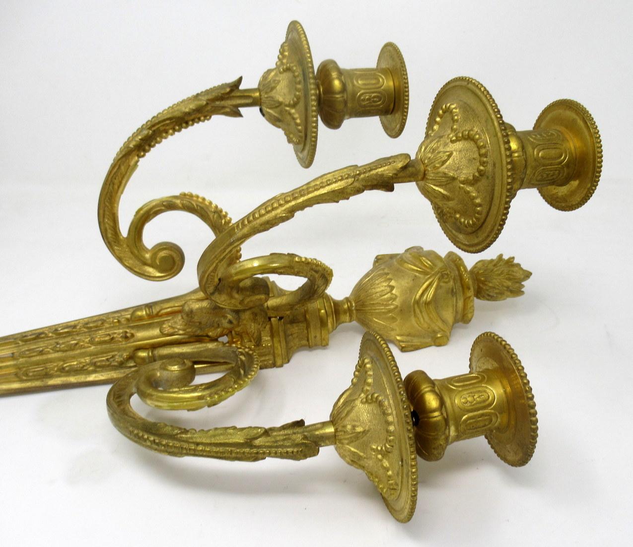 Antique Pair of French Gilt Bronze Three-Light Wall Candle Sconces, 19th Century 3