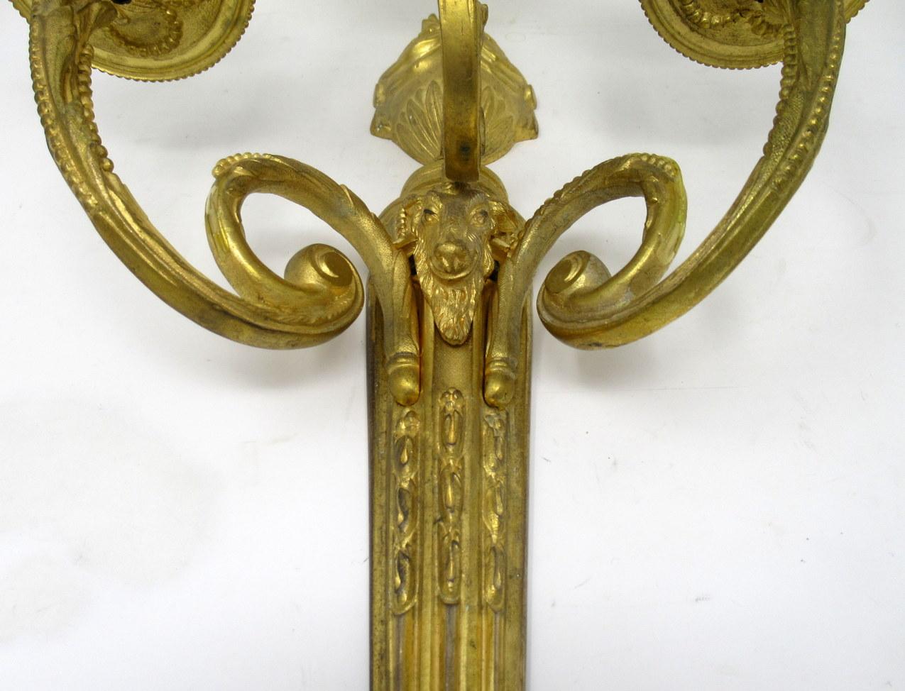 Edwardian Antique Pair of French Gilt Bronze Three-Light Wall Candle Sconces, 19th Century